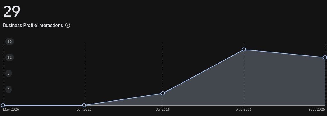 A line chart of Business Profile interactions rising from zero in May and June 2026 to a peak in August, totalling 29.
