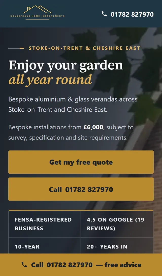 The Houseproud Home Improvements website on a phone.