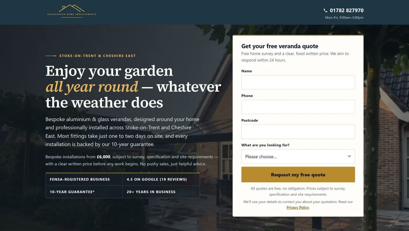 The Houseproud campaign page: “Enjoy your garden all year round” beside a free veranda quote form, with FENSA registration and a real Google rating shown.