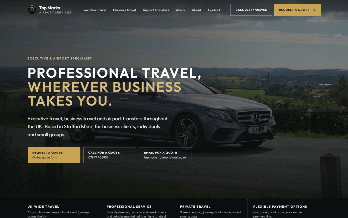 The new Top Marks homepage: “Professional travel, wherever business takes you”, with three ways to request a quote.