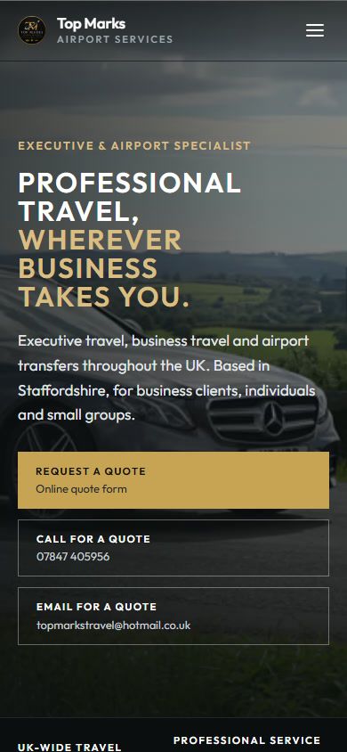 The new homepage on a phone, with quote, call and email routes stacked under the headline.