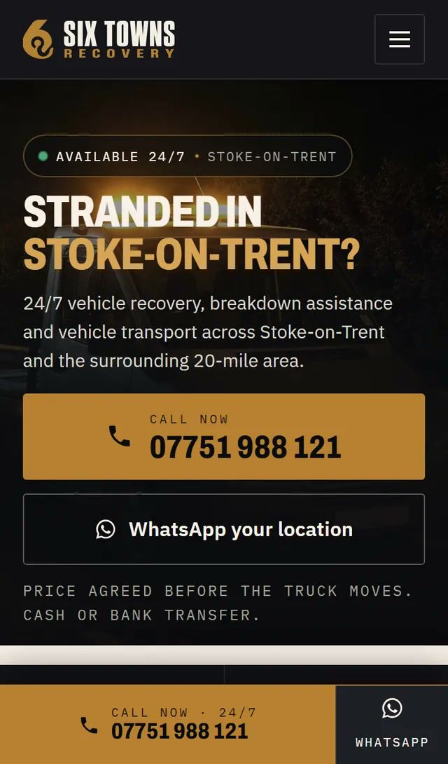 The homepage on a phone: one-tap call and WhatsApp buttons under the headline, with a persistent call bar at the foot.
