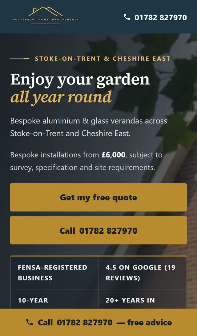 The Houseproud campaign page: “Enjoy your garden all year round” beside a free veranda quote form.