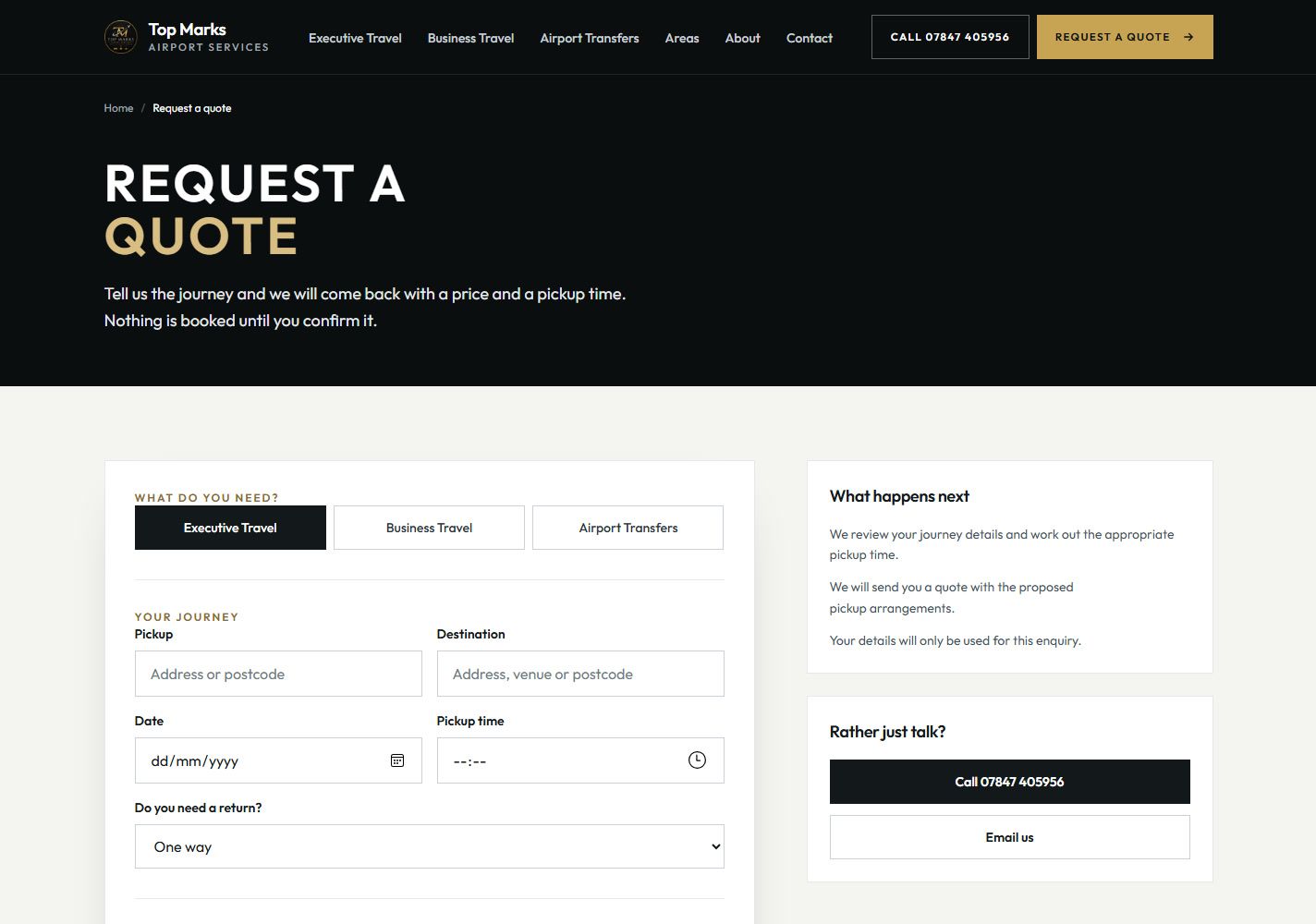 The quote request page: service choice, journey details and a panel explaining what happens next.
