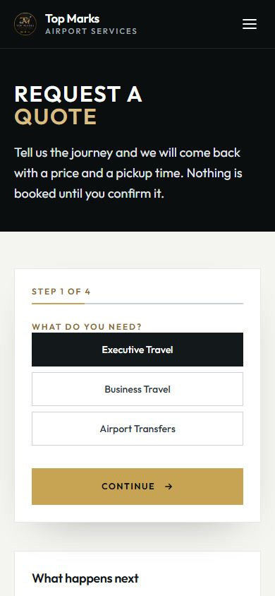 The quote request on a phone: step one of four, Executive Travel selected.